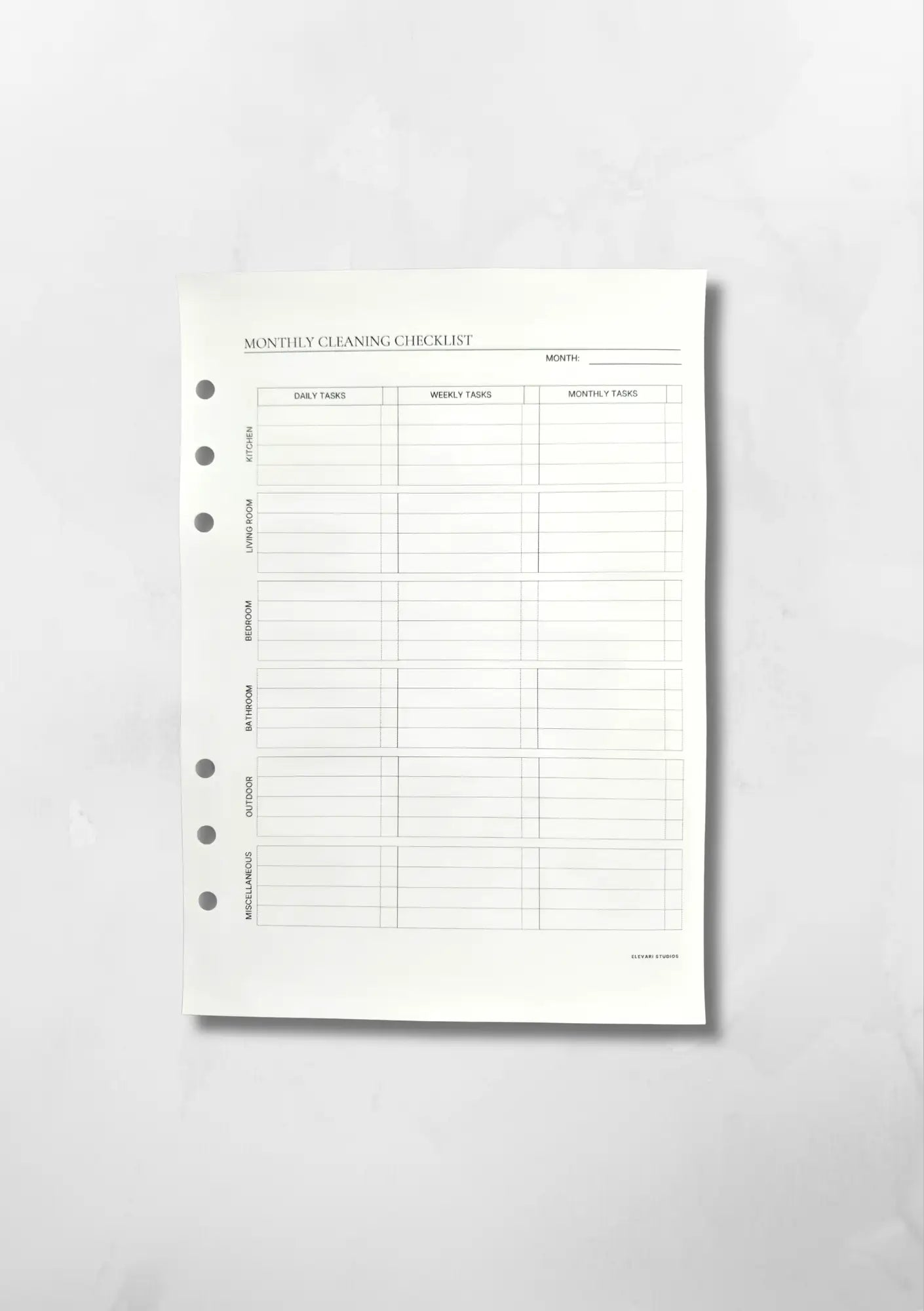 MONTHLY CLEANING CHECKLIST